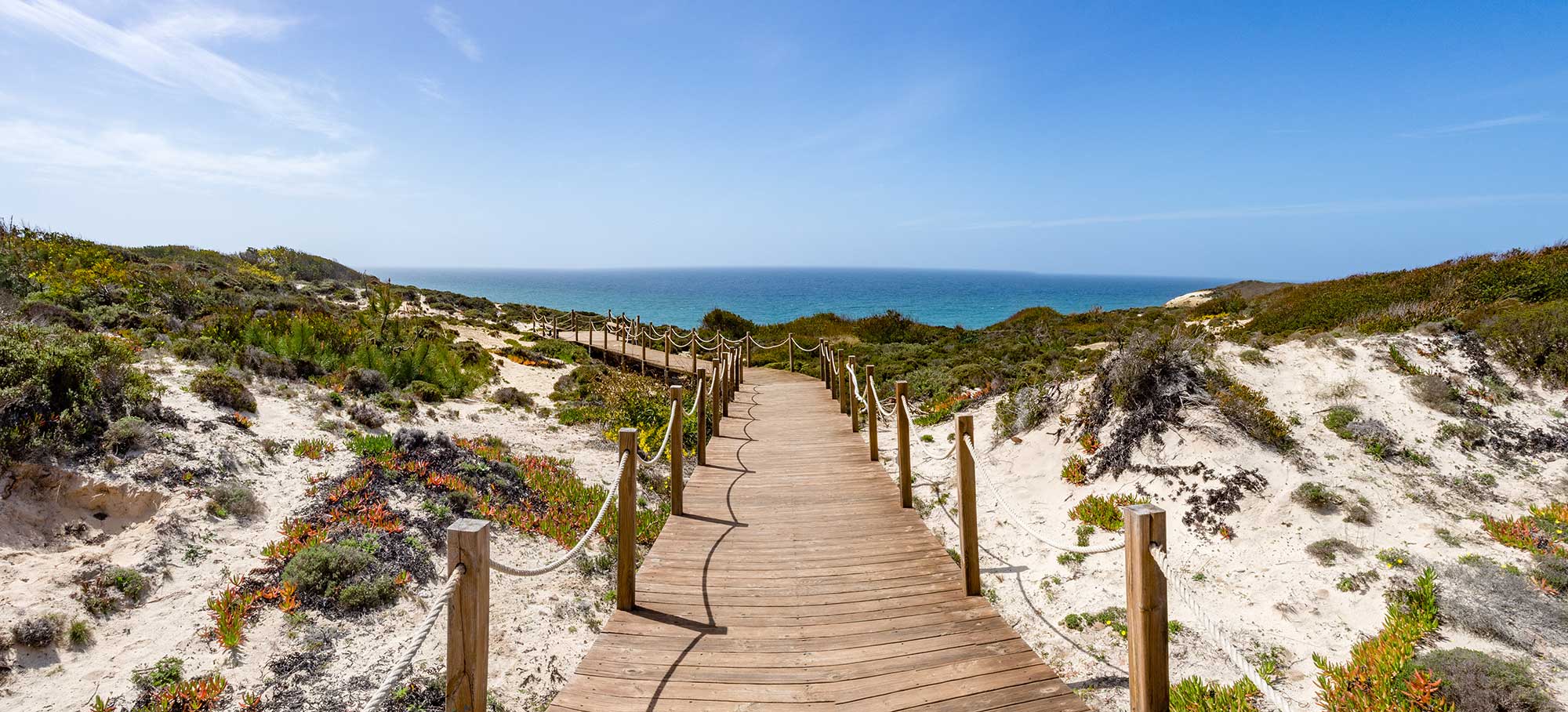 Boardwalk leading to beach, Zambujeira do Mar, Odemira, Alentejo, Vicentine coast of Portugal